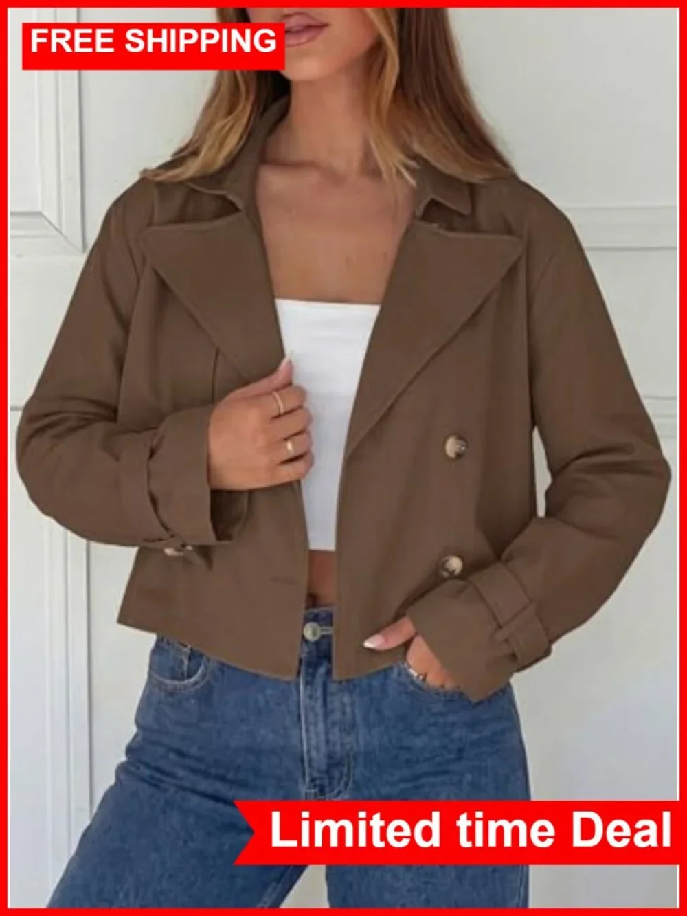 Cropped Trench Coat Double Breasted Loose Fit Lightweight Jacket